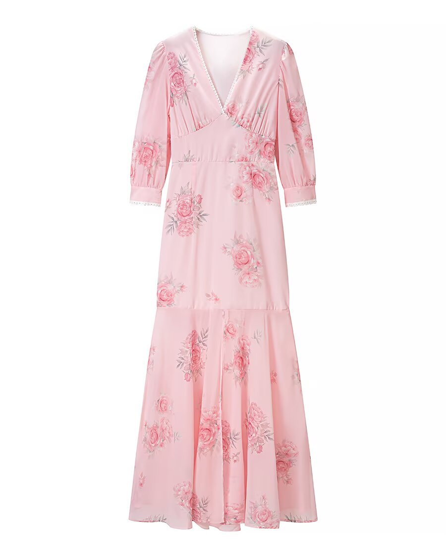 Damen Maxikleid mit V‑Ausschnitt, Empire‑Schnitt und floraler Chiffonoptik Drune