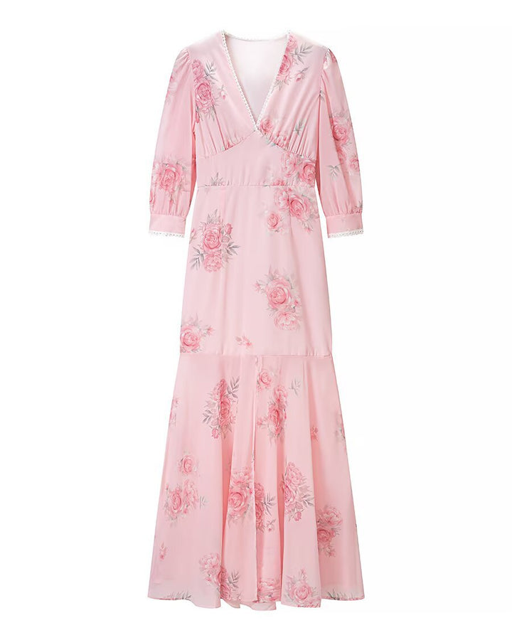 Damen Maxikleid mit V‑Ausschnitt, Empire‑Schnitt und floraler Chiffonoptik Drune