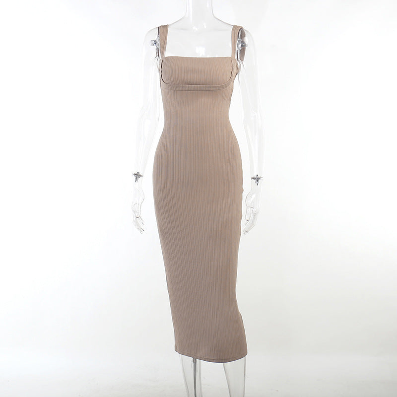 Damen figurbetontes Maxikleid mit quadratischem Ausschnitt und Rippmaterial Drune