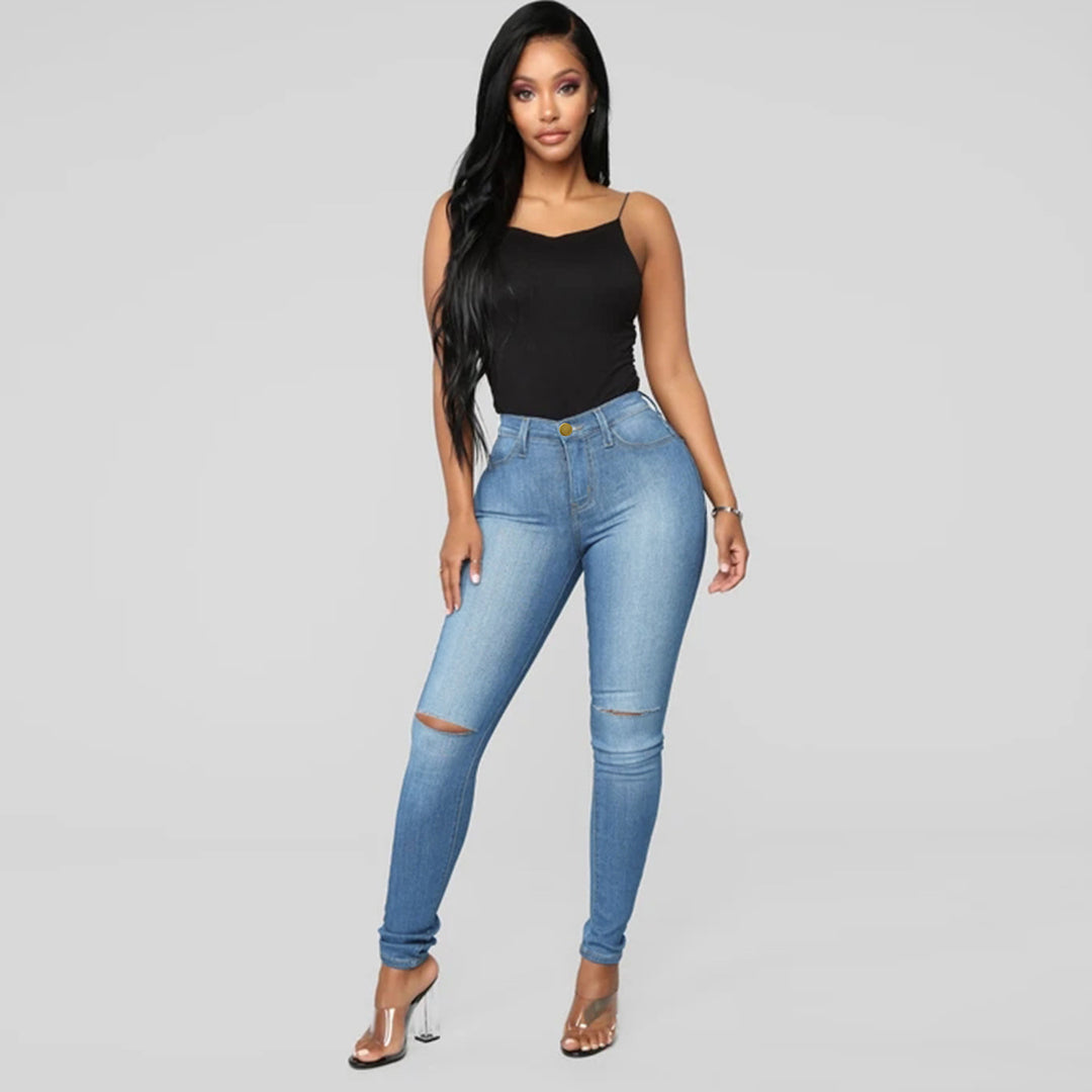 Damen High-Waist Skinny-Jeans mit Knie-Rissen und figurformendem Schnitt Drune