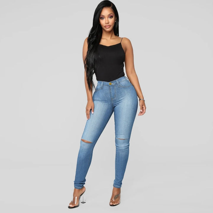 Damen High-Waist Skinny-Jeans mit Knie-Rissen und figurformendem Schnitt Drune
