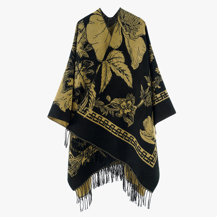 Damen Leichter Jacquard‑Poncho mit floralem Allovermuster, asymmetrischem Zipfelsaum und Fransen Drune