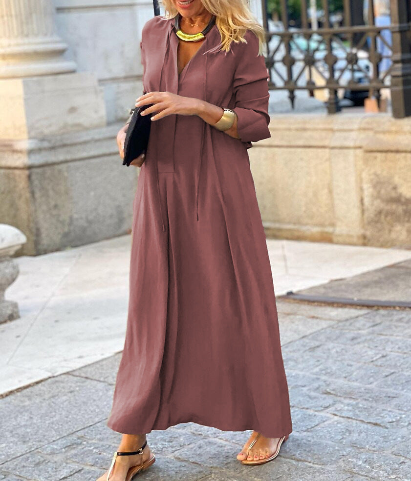 Damen Maxikleid mit V-Ausschnitt, Langärmelig, lockere A-Linien‑Silhouette und Kordelzug Drune