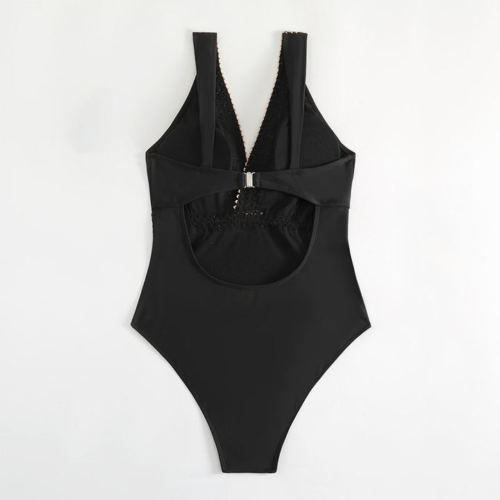 Damen Einteiler Badeanzug mit elegantem V-Ausschnitt und goldenen Details Drune