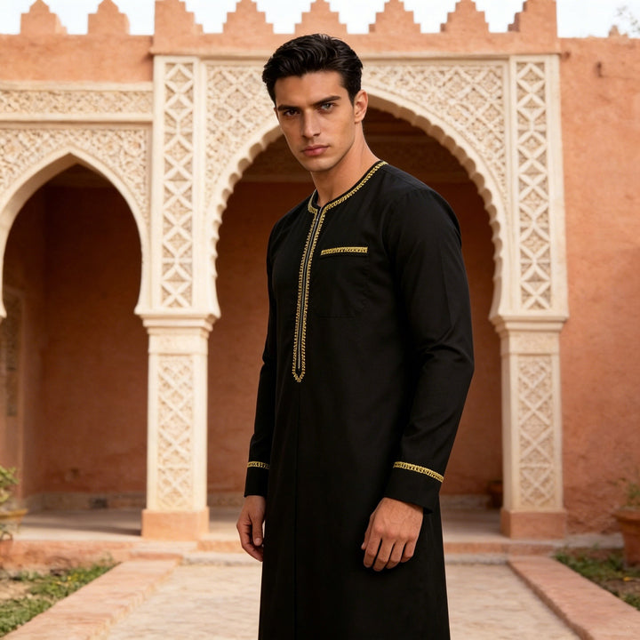 Herren Elegante Langtunika mit Rundhalsausschnitt, Frontreißverschluss und goldener Zierstickerei Drune