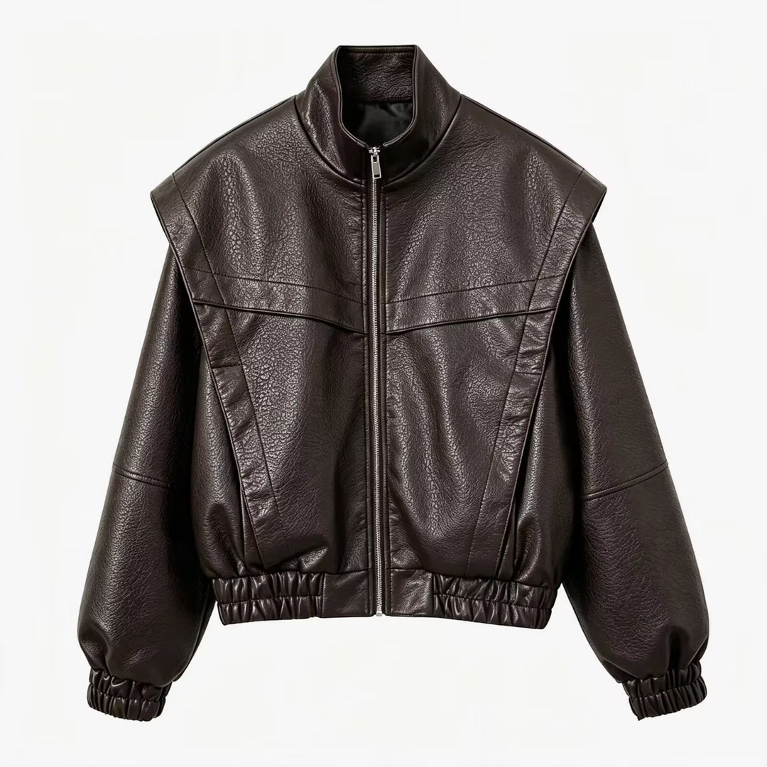Damen Cropped Jacke im futuristischen Biker-Look aus veganer Lederoptik mit hohem Stehkragen und elastischem Saum Drune
