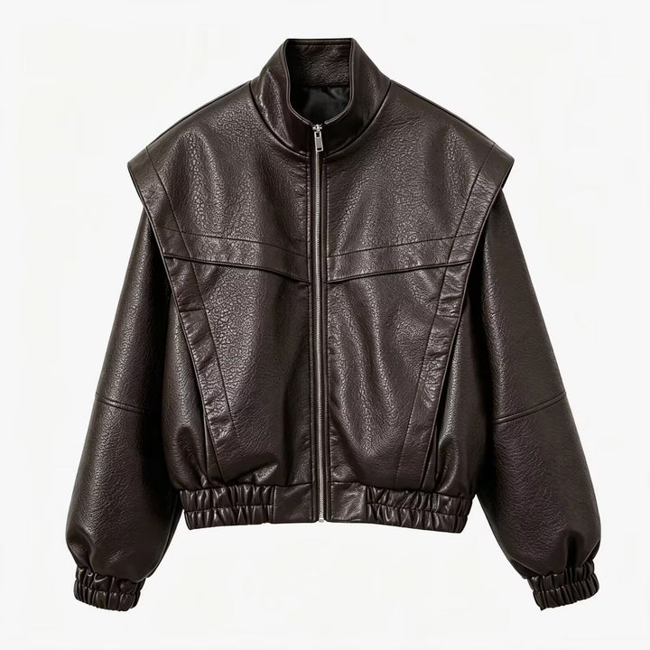 Damen Cropped Jacke im futuristischen Biker-Look aus veganer Lederoptik mit hohem Stehkragen und elastischem Saum Drune