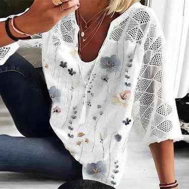 Damen nan V-Ausschnitt-Tunika mit Ajourstrick-Ärmeln und dezentem Aquarell-Blumenprint Drune