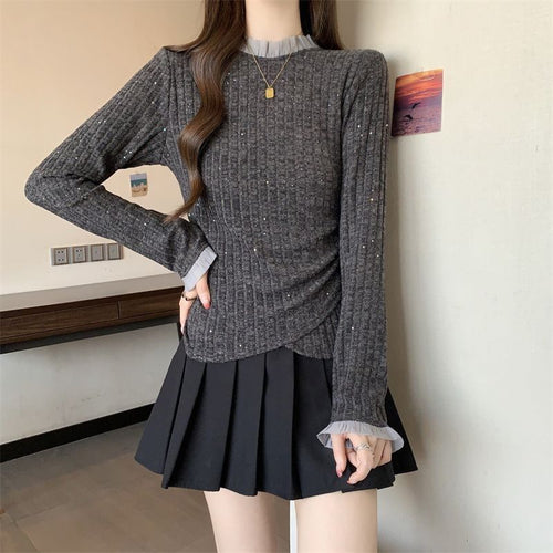 Damen Eleganter Feinstrickpullover mit dekorativem Kragen Drune