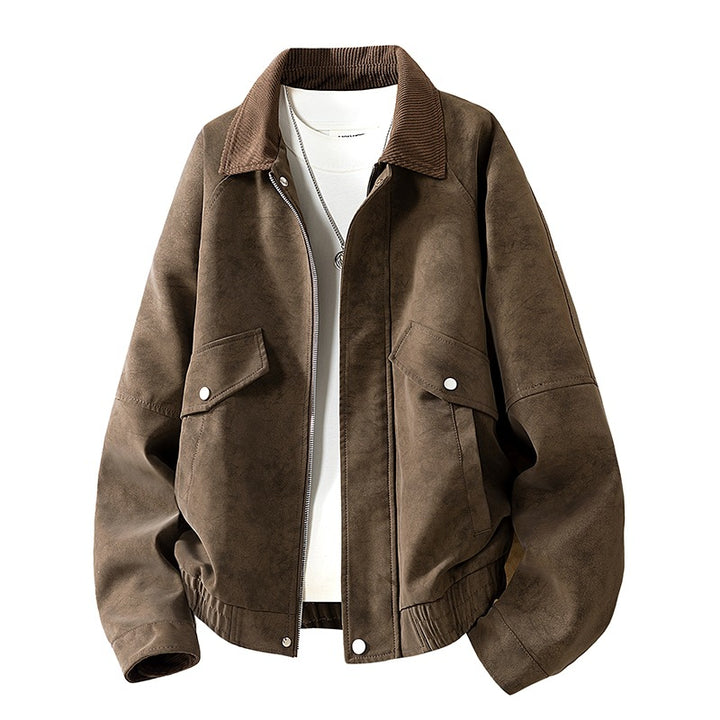 Herren Oversize Utility-Bomberjacke aus Kunstleder mit geripptem Saum und Hemdkragen Drune