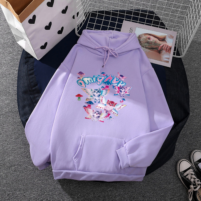 Damen nan Kapuzenpullover mit verspieltem Katzen‑Schmetterlings-Print und Kängurutasche Drune