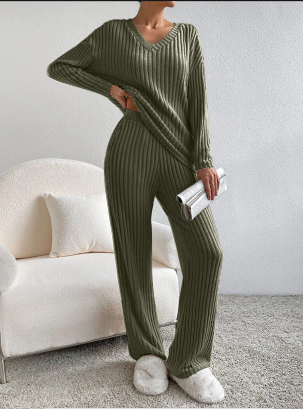 Damen lässiges Strick-Lounge-Set mit V-Ausschnitt Drune