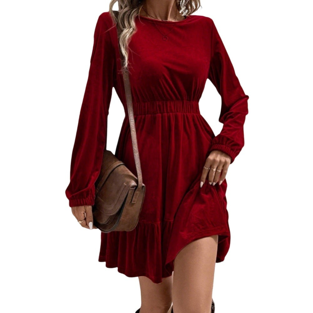 Damen Samt‑Minikleid mit elastischer Taillennaht und stufigem Volantrock Drune