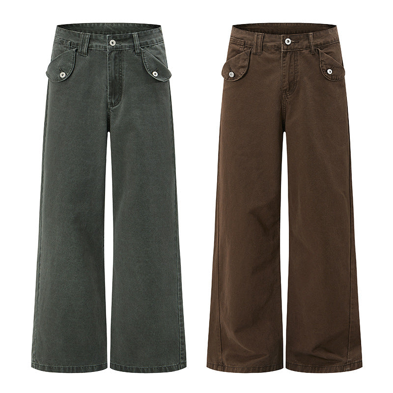 Herren Weite Baumwoll-Canvas Palazzohose mit tiefem Schritt und aufgesetzten Klappentaschen Drune