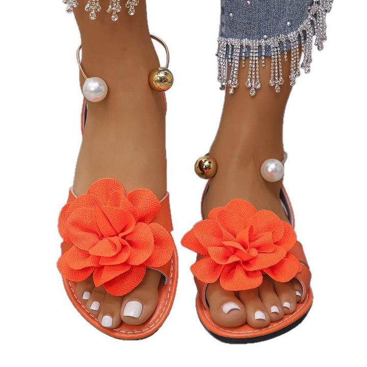 Damen Blumensandalen mit großer 3D-Blütenapplikation und Slingback Drune