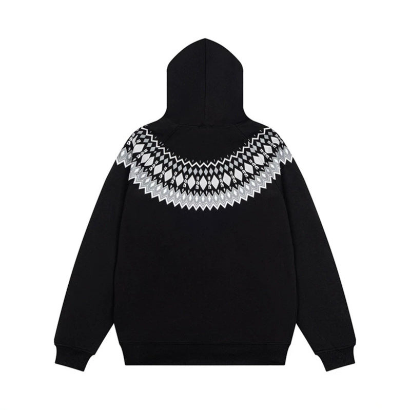 Unisex Oversize Kapuzenpullover mit nordischem Rundpasse-Jacquard, Kängurutasche und Rippbündchen Drune