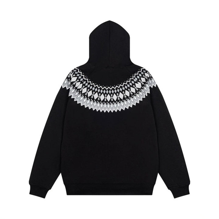 Unisex Oversize Kapuzenpullover mit nordischem Rundpasse-Jacquard, Kängurutasche und Rippbündchen Drune
