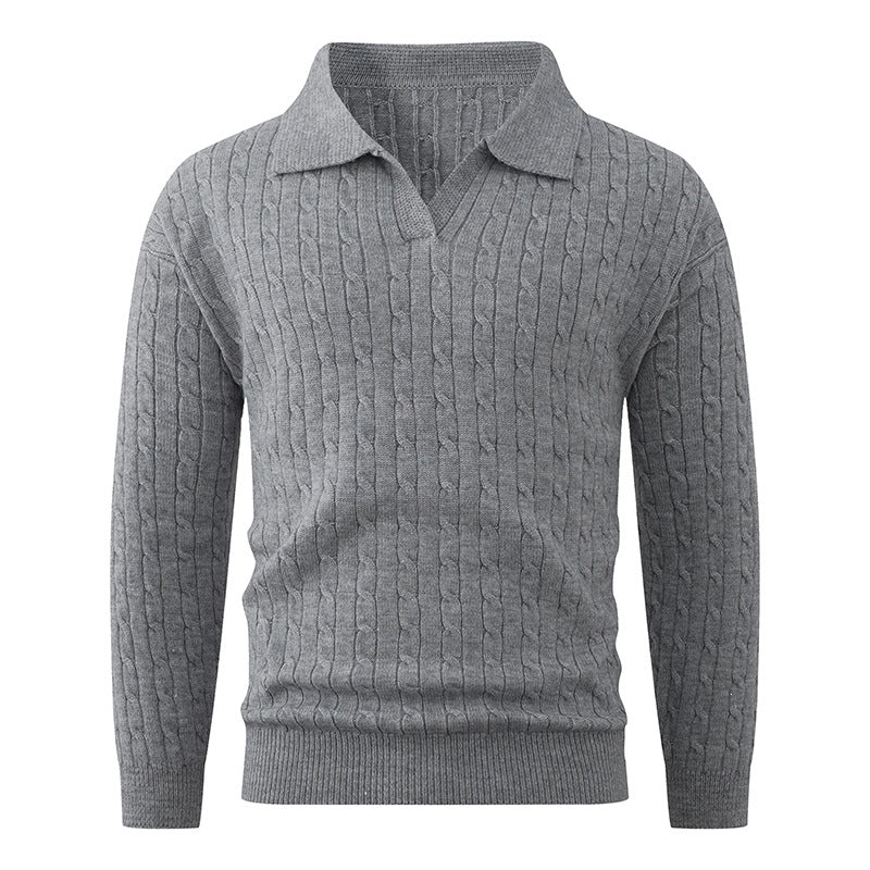 Herren Kabelstrick-Polo-Pullover mit V-Ausschnitt und Zopfmuster Drune