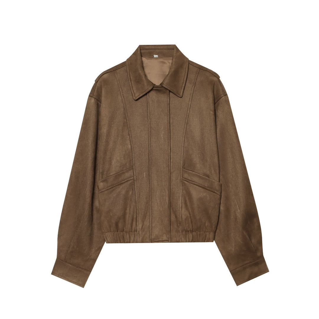 Damen Cropped Blousonjacke in Veloursoptik mit Hemdkragen, Pattentaschen und taillierendem Gummizug Drune