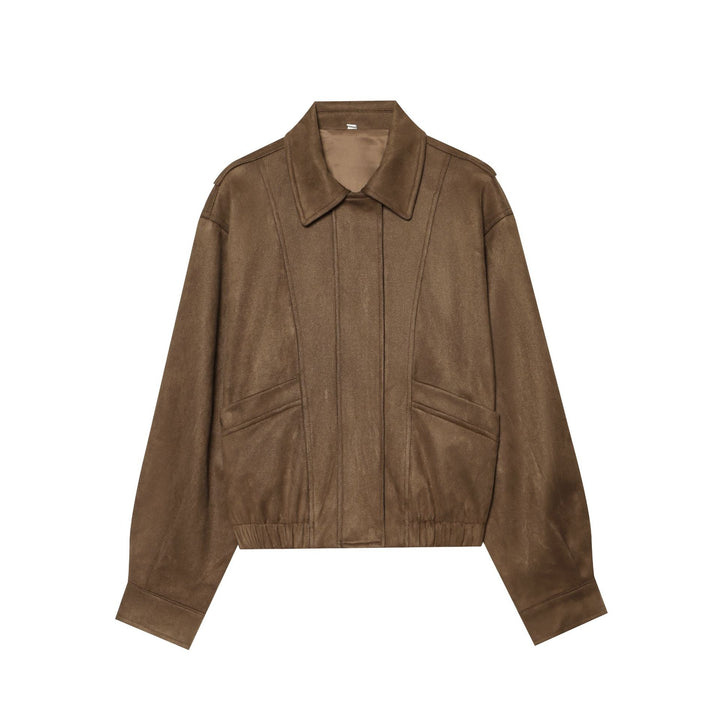 Damen Cropped Blousonjacke in Veloursoptik mit Hemdkragen, Pattentaschen und taillierendem Gummizug Drune