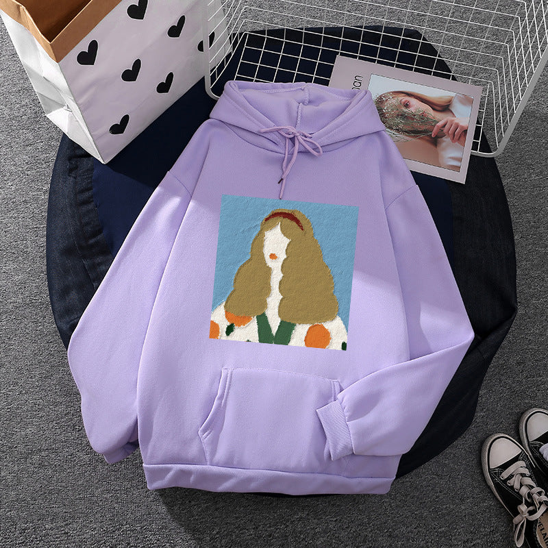 Damen nan Kapuzenpullover mit kunstvoller Chenille-Stickerei im Portraitstil und Kängurutasche Drune