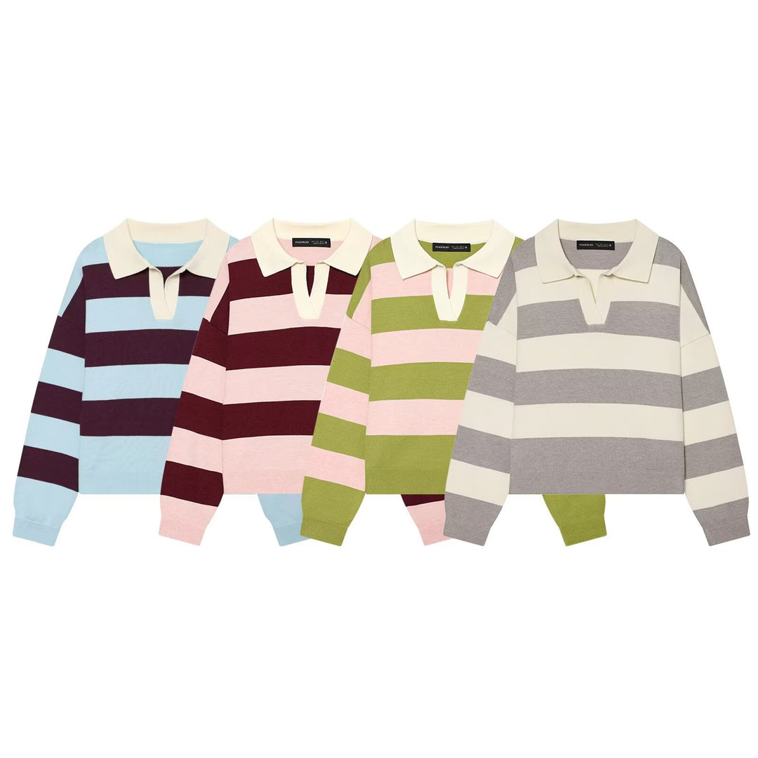 Damen Oversize Rugby-Pullover mit Polokragen und breiten Blockstreifen Drune