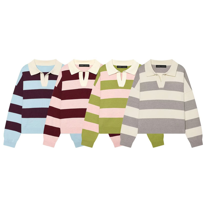 Damen Oversize Rugby-Pullover mit Polokragen und breiten Blockstreifen Drune