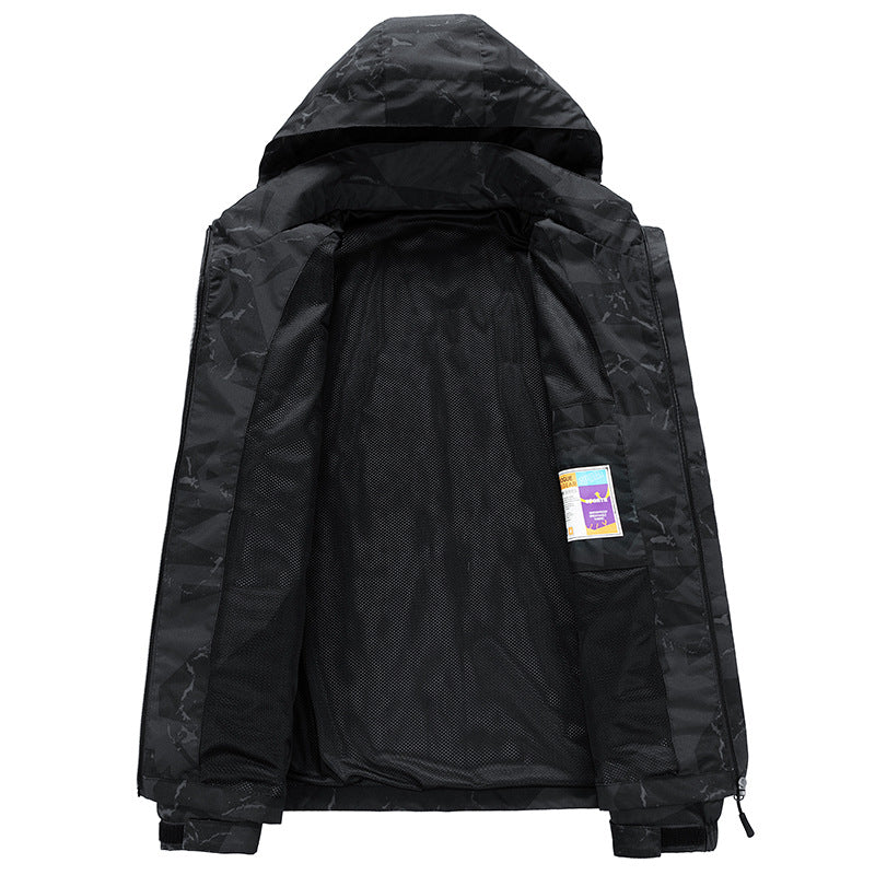 Herren Technische wasserdichte Kapuzenjacke mit grafischem Camouflage‑Print, Reißverschlusstaschen und verstellbarem Saum Drune