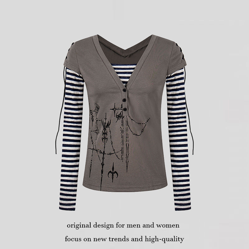Damen Lagen-Langarmshirt mit V-Ausschnitt, Streifen-Innenlayer und Schnürdetail Drune
