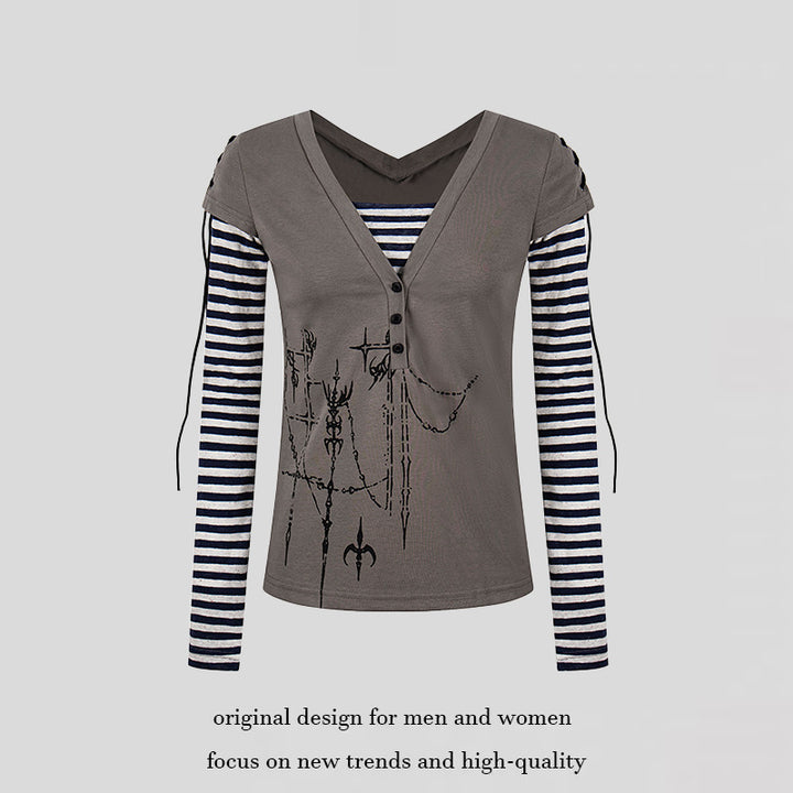 Damen Lagen-Langarmshirt mit V-Ausschnitt, Streifen-Innenlayer und Schnürdetail Drune