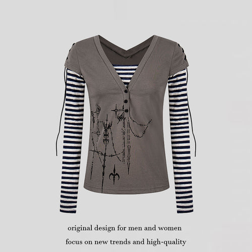 Damen Lagen-Langarmshirt mit V-Ausschnitt, Streifen-Innenlayer und Schnürdetail Drune
