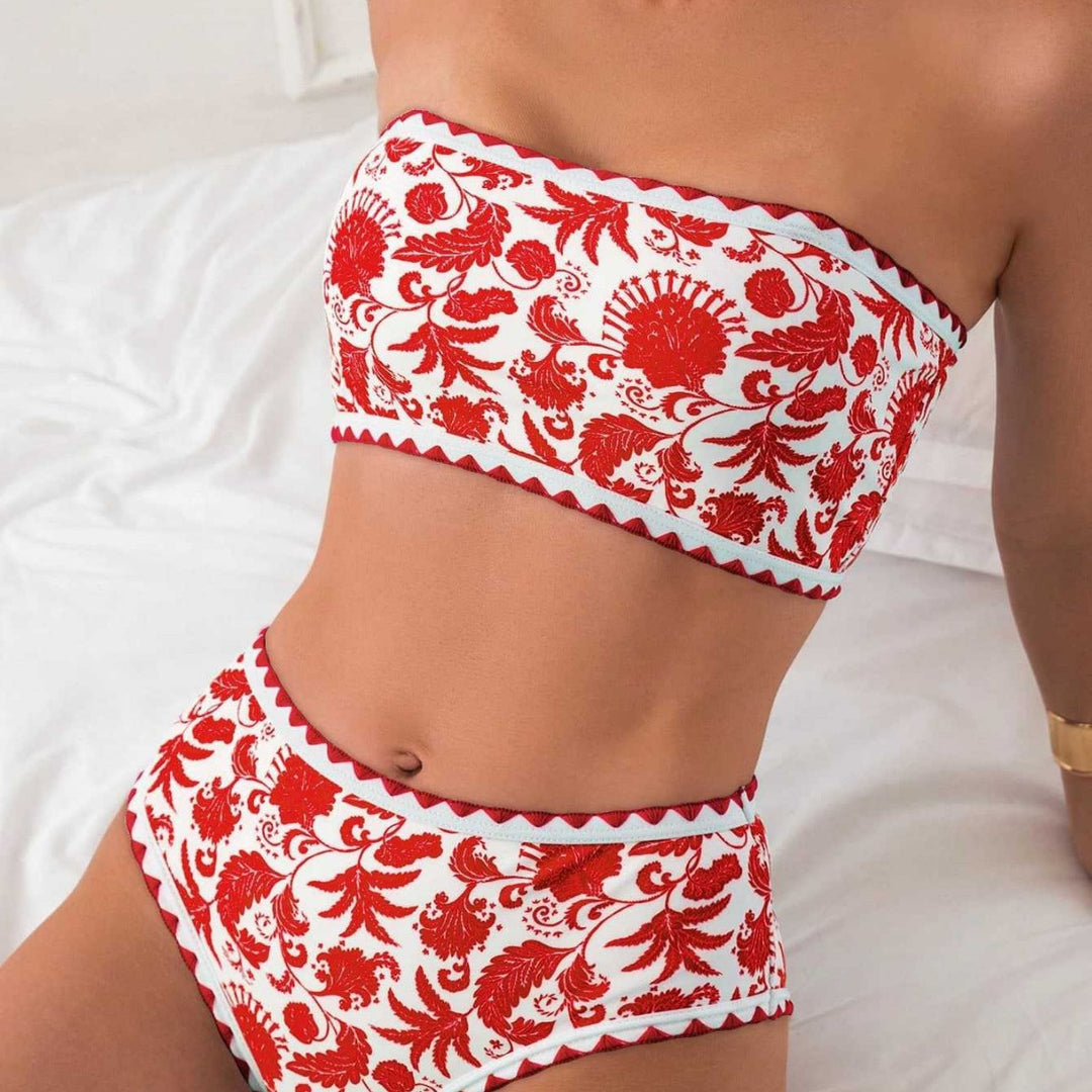 Damen Bandeau-Bikini-Set mit farbenfrohem floralen Muster und elastischem Gürtel Drune