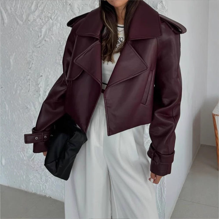 Damen Kunstlederjacke im modischen Biker-Stil mit breitem Revers Drune