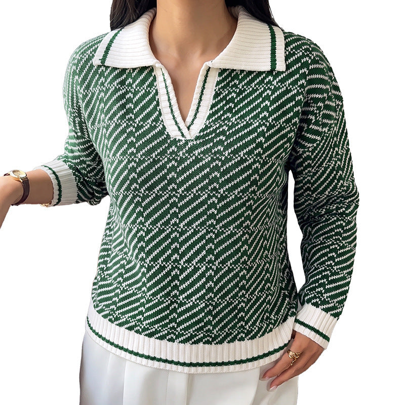 Damen Eleganter Pullover mit Polokragen und Zickzackmuster Drune
