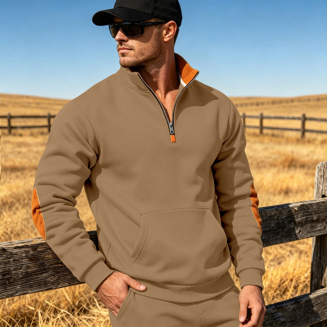 Herren Athletisches Halbzip-Sweatshirt mit Ellenbogenpatches und Kängurutasche Drune