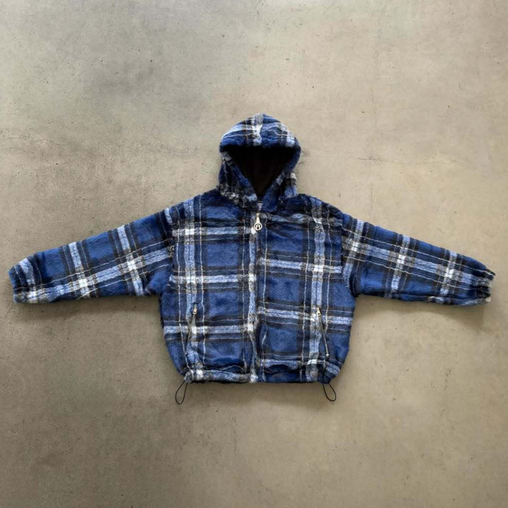 Unisex nan gefütterte Plaid-Fleece-Bomberjacke mit Kapuze Kordelzug und Reißverschlusstaschen Drune