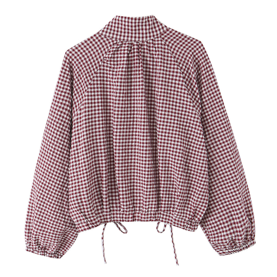 Damen Karierter Gingham-Blouson mit Tunnelzug-Saum, Raglanärmeln und Stehkragen Drune