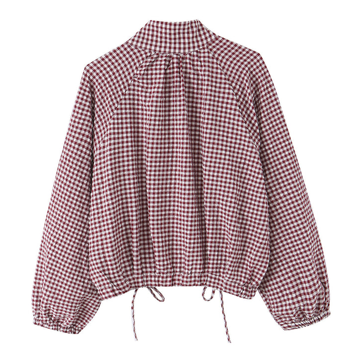 Damen Karierter Gingham-Blouson mit Tunnelzug-Saum, Raglanärmeln und Stehkragen Drune