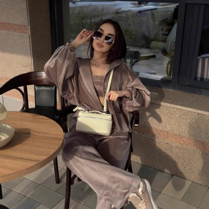Damen Cropped Samt-Hoodie mit weitem Arm und High-Waist Jogginghose im Lounge-Set Drune