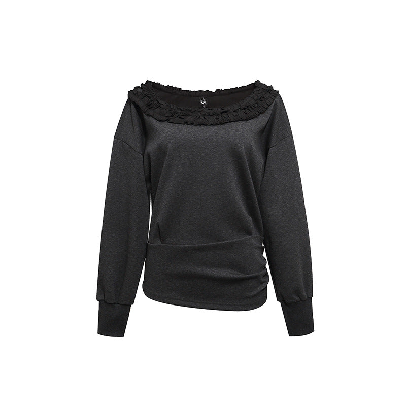 Damen Sweatshirt mit Carmen‑Ausschnitt, Spitzenrüsche und seitlicher Raffung Drune