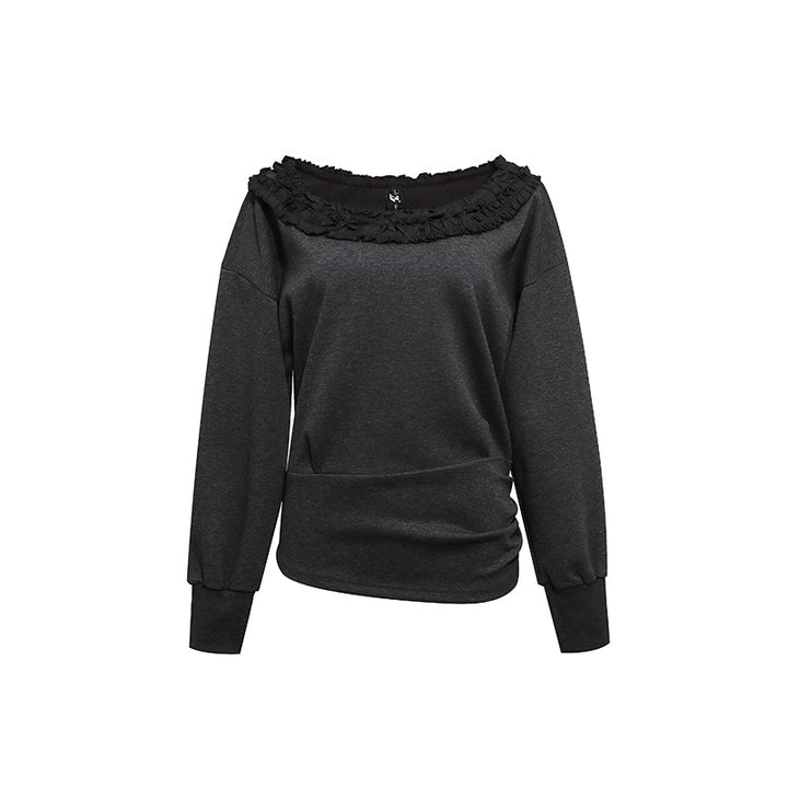 Damen Sweatshirt mit Carmen‑Ausschnitt, Spitzenrüsche und seitlicher Raffung Drune