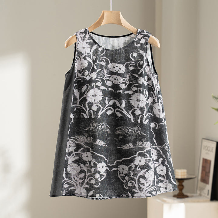 Damen Weite Leinenmix-Hose mit Elastikbund, Palazzoschnitt und ornamentalem Print Drune