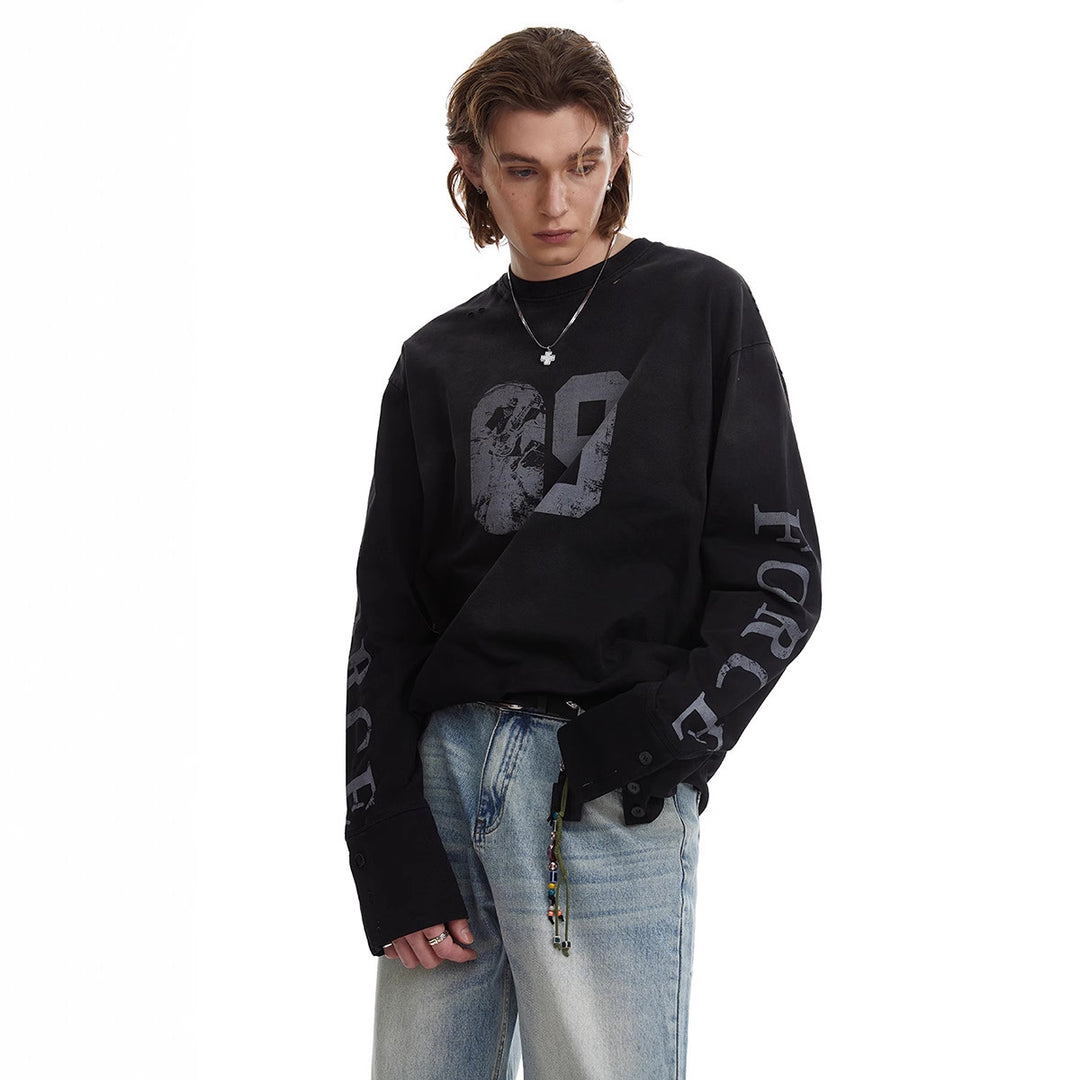 Herren Oversize-Longsleeve-Sweatshirt mit Print, verlängerten Manschetten und Used-Details Drune