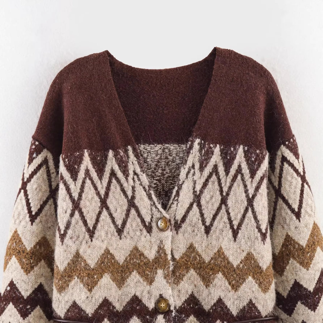 Damen nan Oversize Strickcardigan mit Norweger‑Muster, V‑Ausschnitt, Knopfleiste und Taillenbindegürtel Drune