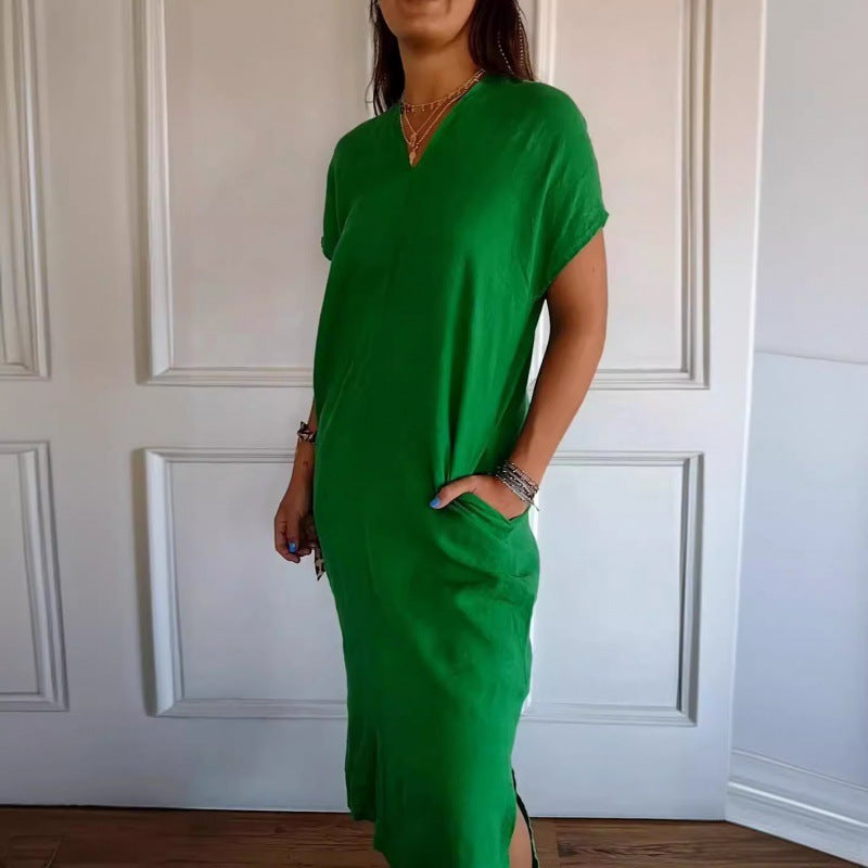 Damen Lässiges V-Ausschnitt Kleid mit praktischen Taschen und oversize Schnitt Drune