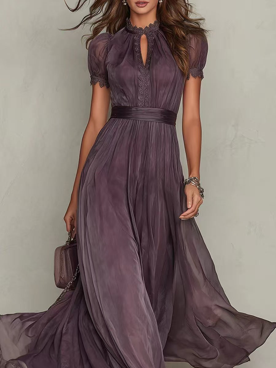 Damen nan langes Chiffon-Abendkleid mit Spitzen‑Stehkragen, Schlüsselöffnung und taillierter Schärpe Drune
