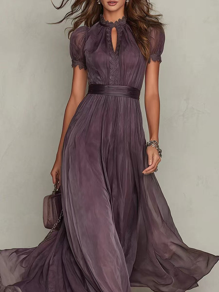 Damen nan langes Chiffon-Abendkleid mit Spitzen‑Stehkragen, Schlüsselöffnung und taillierter Schärpe Drune