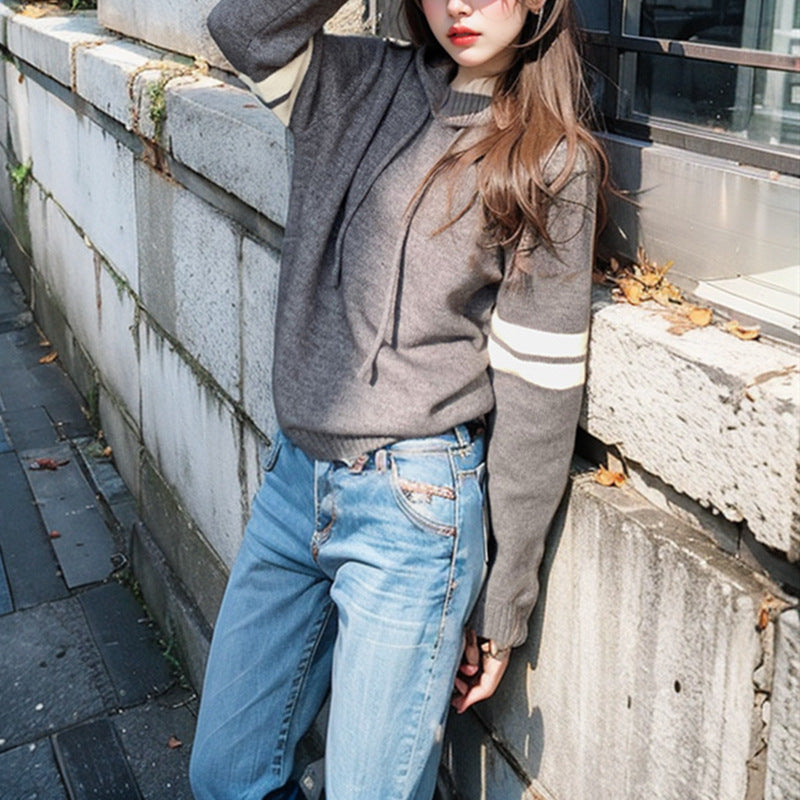Damen modischer Kapuzenpullover mit dezenten Streifen Drune