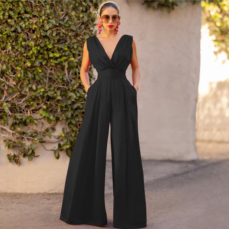 Drune | Jumpsuit Hohe Taille Ärmellos Tiefer V-ausschnitt Weite Beinform Elegante Passform