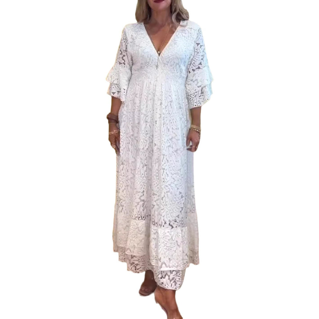 Damen nan Boho-Spitzen-Maxikleid mit V-Ausschnitt, Unterbrustnaht und gestuften Volantärmeln Drune